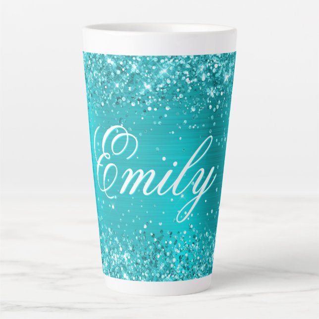 Caneca De Café Latte Folha Azul Turquesa Personalizada (Frente)