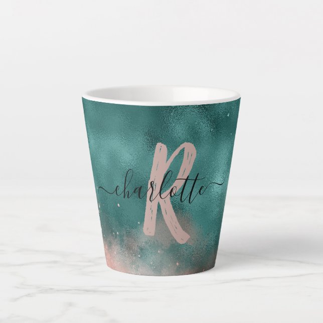 Caneca De Café Latte Folha de Mão Rosa Maciça e Teal de Monograma (Frente)