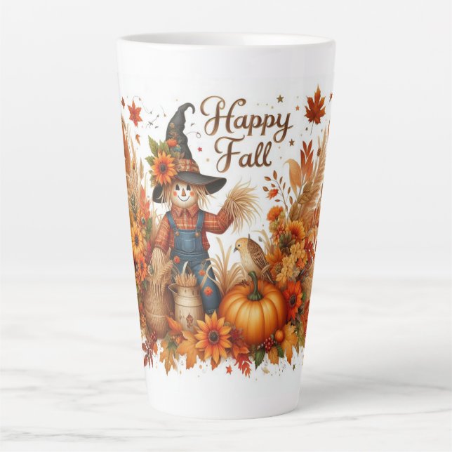 Caneca De Café Latte Folhagem de outono e outono feliz (Frente)