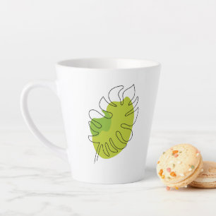 Caneca De Café Latte Folhagem isolada tropical de arte em linha, branca