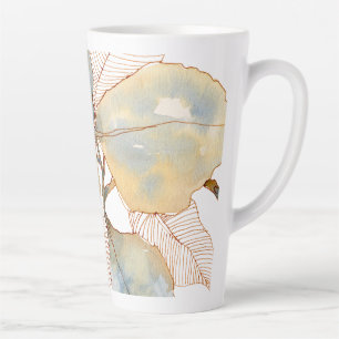 Caneca De Café Latte Folhas Botânicas de Aquarela Azul Dourado Suave