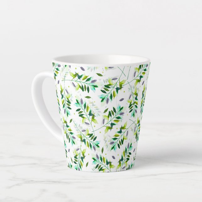 Caneca De Café Latte Folhas Botânicas Violetas e Verdes (Ângulo esquerdo)