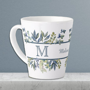 Caneca De Café Latte Folhas de Azul Índigo na Borda do Monograma