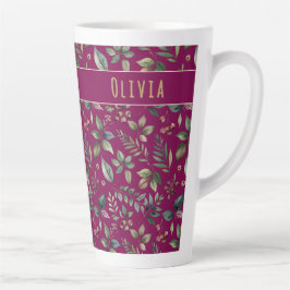 Caneca De Café Latte Folhas de Inverno Elegantes & Bagas Burgundy Perso
