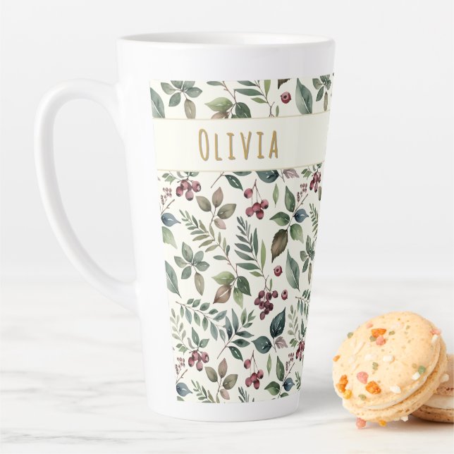 Caneca De Café Latte Folhas e Bagas Rústico Inverno Personalizado (In Situ)