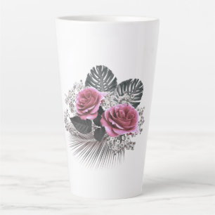 Caneca De Café Latte Folhas Tropicais de Flores Rosa