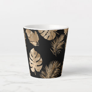 Caneca De Café Latte Folhas tropicais Douradas chic Black