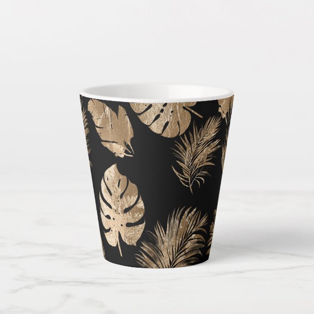 Caneca De Café Latte Folhas tropicais Douradas chic Black (Frente)