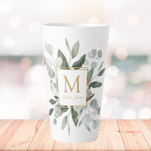 Caneca De Café Latte Folhas Tropicais Verdes em Aquarela Monograma