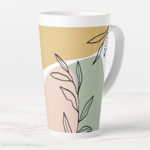 Caneca De Café Latte Formas Abstratas e Folhas de Desenho Botânico