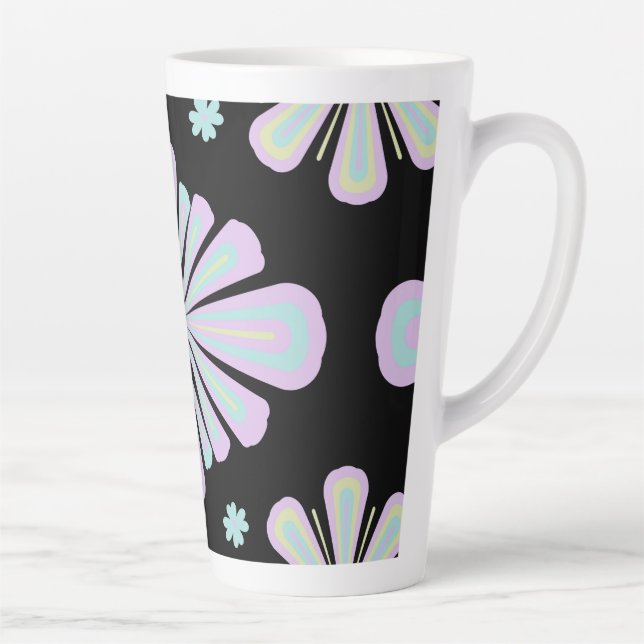 Caneca De Café Latte Formas Florais Pastéis em Fundo Preto (Direita)