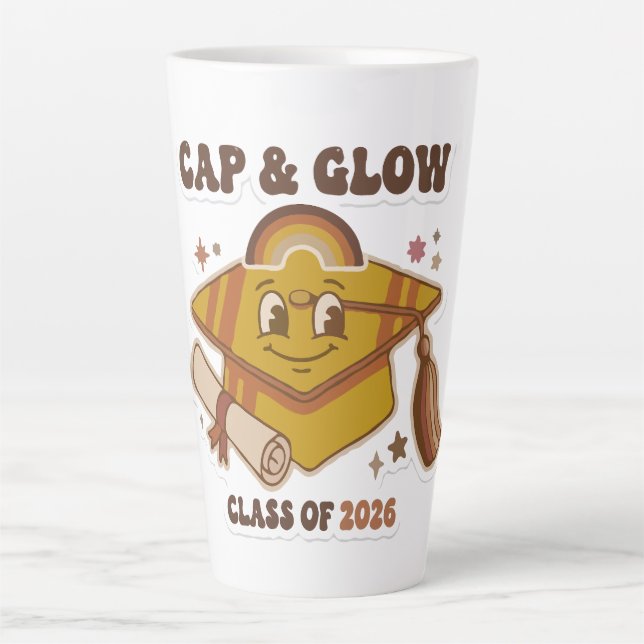 Caneca De Café Latte Formatura Retro Cap & Glow da Turma de 2026 (Frente)