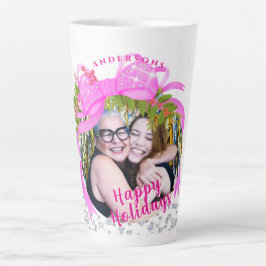 Caneca De Café Latte Foto de Natal da Fita Rosa Glittering