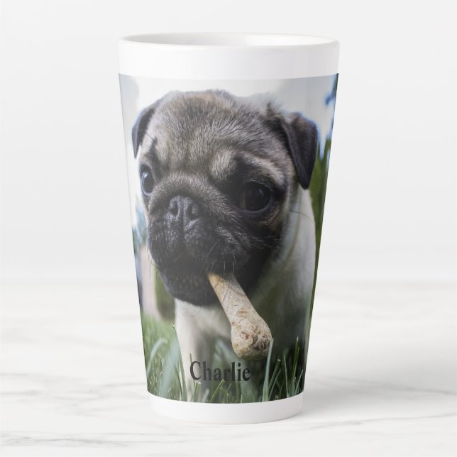 Caneca De Café Latte Foto e nome personalizados do cão Pug (Frente)