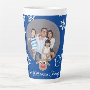 Caneca De Café Latte Foto Natal Blue Cute Reindeer White Script