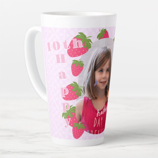Caneca De Café Latte Foto Rosa de Morango Aniversário (Ângulo esquerdo)