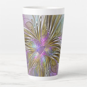 Caneca De Café Latte Fractal Abstrato Colorida Floral, Rosa E Dourada