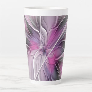 Caneca De Café Latte Fractal Fractal Moderna Abstrato com Cinza Rosa Fl