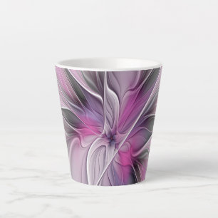 Caneca De Café Latte Fractal Fractal Moderna Abstrato com Cinza Rosa Fl