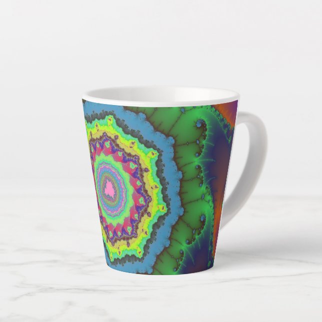 Caneca De Café Latte Fractal Verde-Trendy, Laranja-Azul (Ângulo direito)