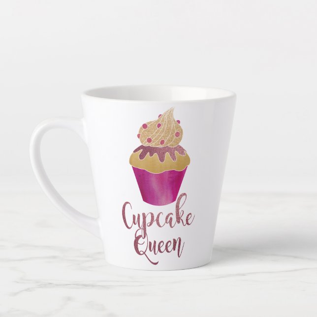 Caneca De Café Latte Framboesa Cupcake de Aquarela Rainha Glitter (Esquerda)