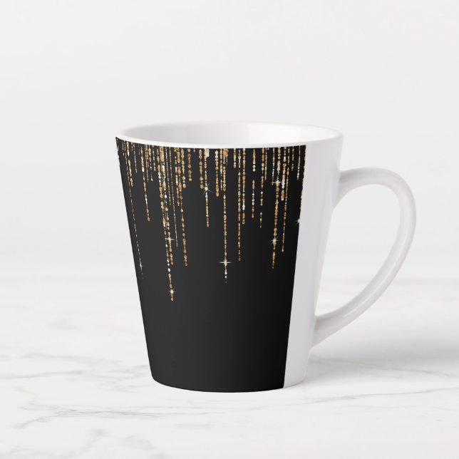 Caneca De Café Latte Frente Glitter Preto-Dourado Espelho Preto-Luxo (Direita)