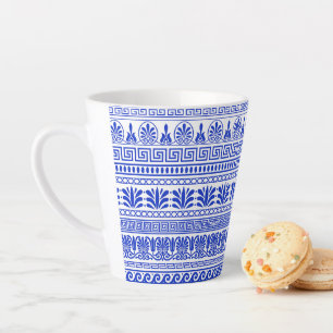 Caneca De Café Latte Frete Grego, Padrão Mediterrânico, Azul
