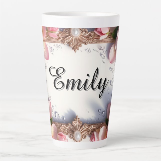 Caneca De Café Latte Fronteira Floral Com Nome Personalizado (Frente)