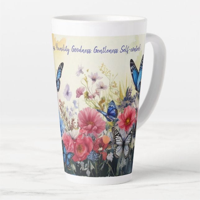 Caneca De Café Latte Fruta da Espírito com Borboletas e Flores (Ângulo direito)