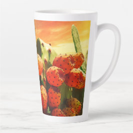 Caneca De Café Latte Frutas De Pear Cactus E Céu Vermelho