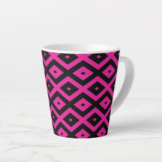 Caneca De Café Latte Fuchsia e padrão de diamante preto (Ângulo direito)