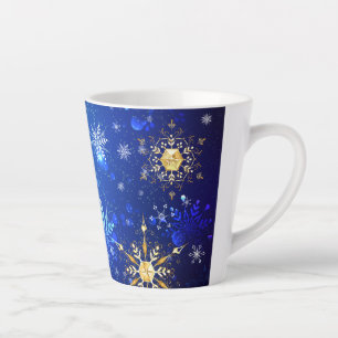 Caneca De Café Latte Fundo Azul XMAS com Flocos de Neve Ouro