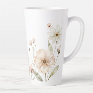 Caneca De Café Latte Fundo em Aquarela de Borda de Flor Silvestre Suave