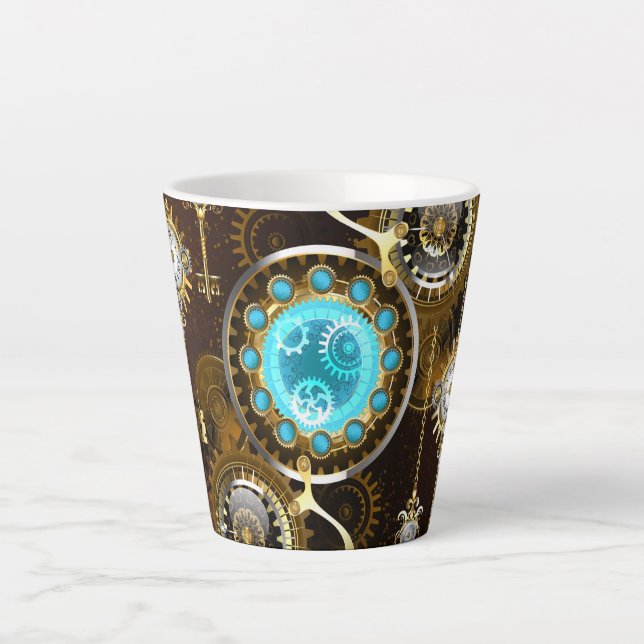 Caneca De Café Latte Fundo Rusty Steampunk com Lentes Turquesa (Frente)