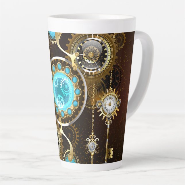 Caneca De Café Latte Fundo Rusty Steampunk com Lentes Turquesa (Ângulo direito)