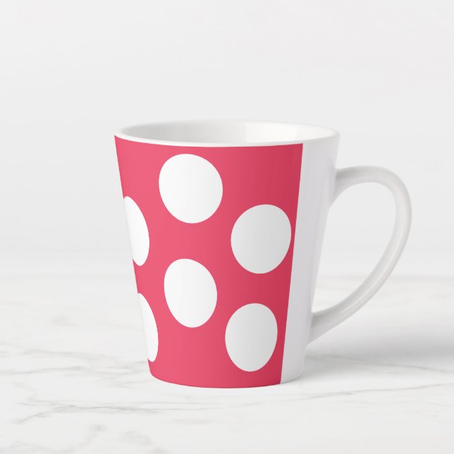 Caneca De Café Latte Fundo vermelho com círculos brancos. Bolinhas (Direita)