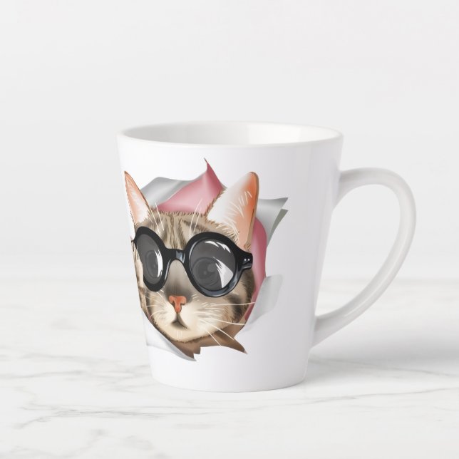 Caneca De Café Latte Funny “Meow” Cat with Glasses Design (Direita)