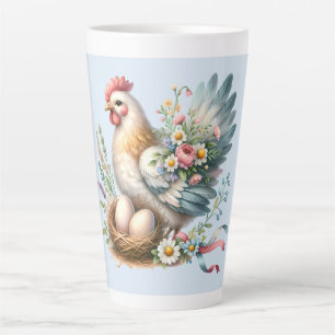 Caneca De Café Latte Galinha Floral com Ovos Charme de Fazenda Antiga