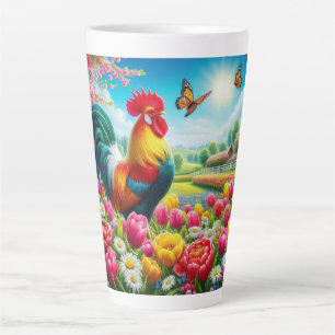 Caneca De Café Latte Galo floral/primavera/trabalho de arte de galinha