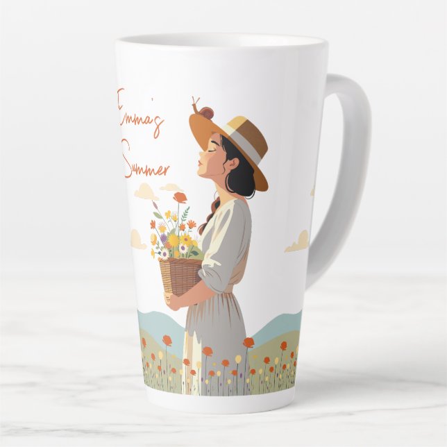 Caneca De Café Latte Garden Girl Personalizada Floral (Ângulo direito)