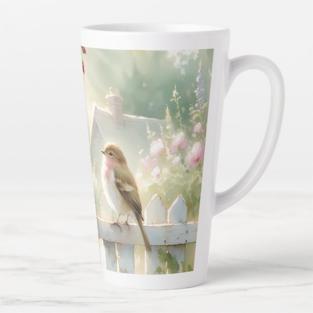 Caneca De Café Latte Garden Rose Bird Watercolor Scene (Direita)
