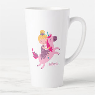 Caneca De Café Latte Garota Amarelo-Bonita Andando em Unicórnio