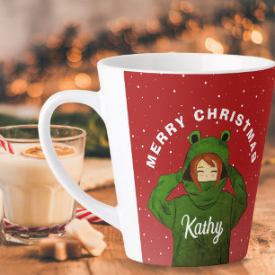 Caneca De Café Latte Garota com capuz Sapo Verde Desenho Natal