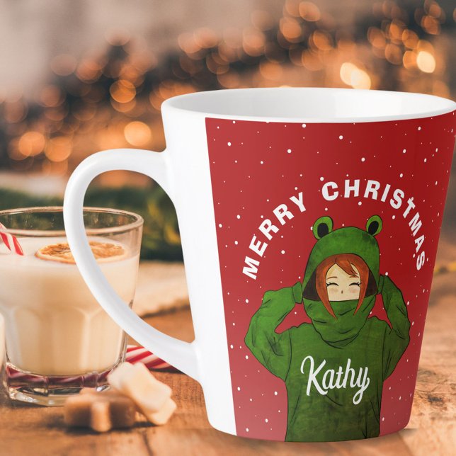 Caneca De Café Latte Garota com capuz Sapo Verde Desenho Natal (Criador carregado)