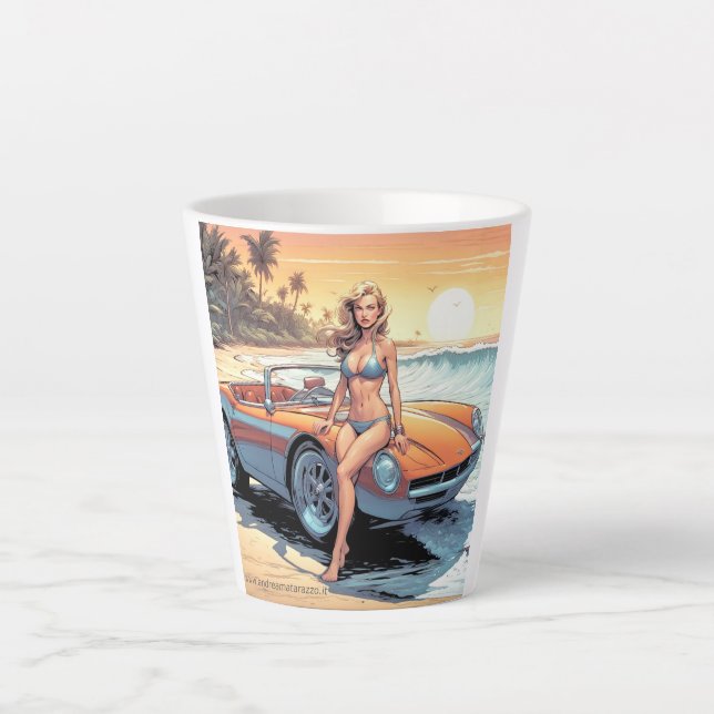 Caneca De Café Latte Garota com carro esportivo (Frente)
