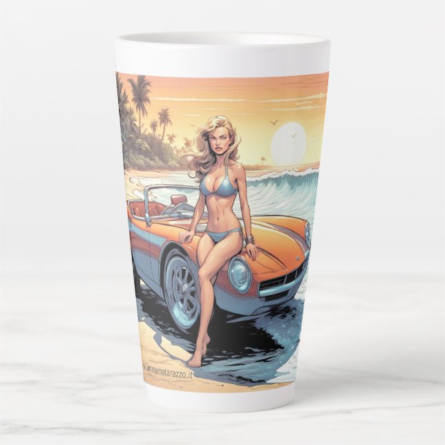 Caneca De Café Latte Garota com carro esportivo (Frente)
