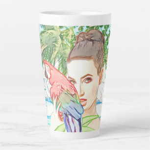 Caneca De Café Latte Garota com papagaio