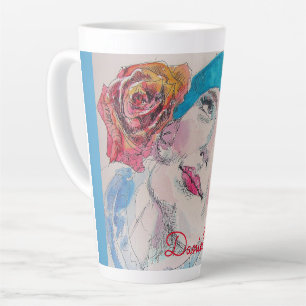 Caneca De Café Latte Garota com Rosa vermelha de Flor de Beret Watercol