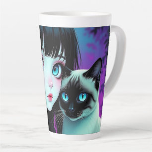 Caneca De Café Latte Garota de Anime e Gato Siames 