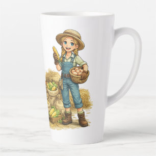 Caneca De Café Latte Garota do campo com ovos, adorável arte rústica do